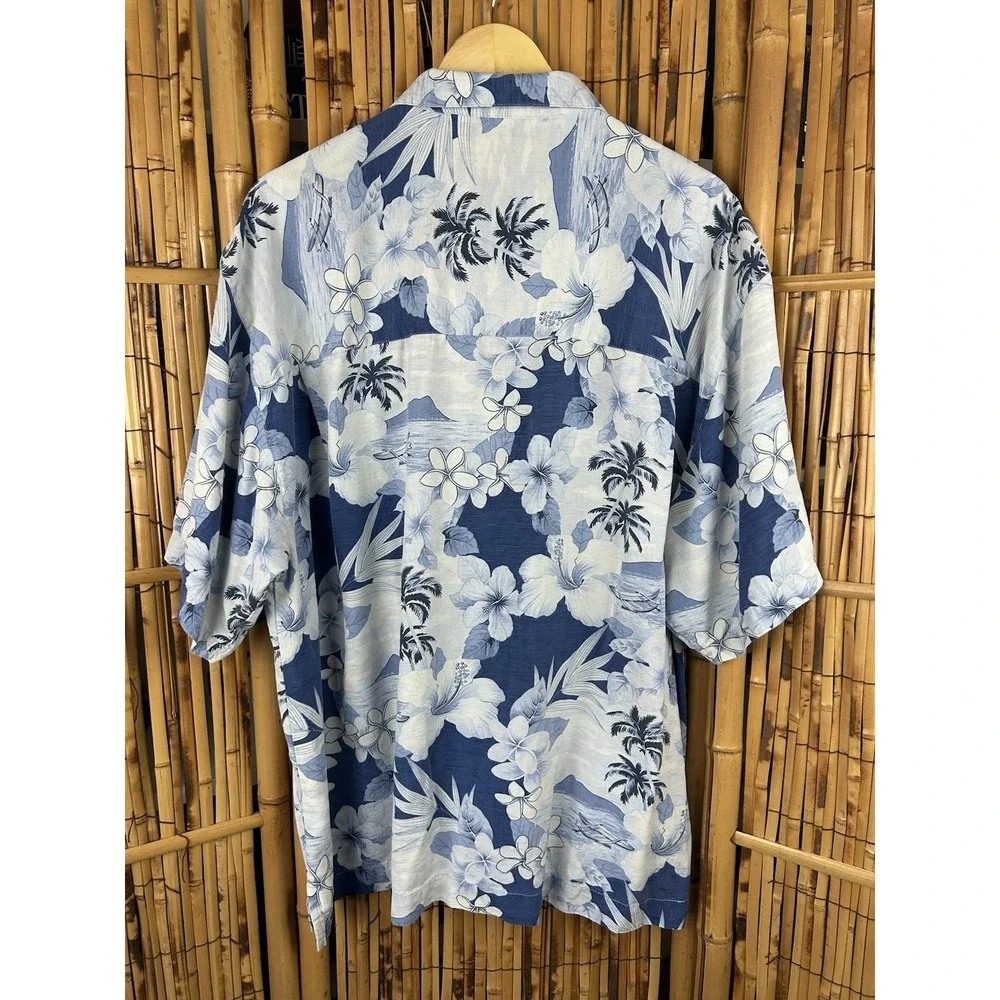 Bermuda Bay 100% Silk Hawaiian Shirt Blue White‎ Short Sleeve Button Up Size 2XL - Picture 6 of 13